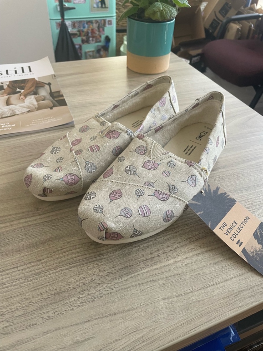 Toms Venice Collection Cream Slip-On Flats with Pink Accents